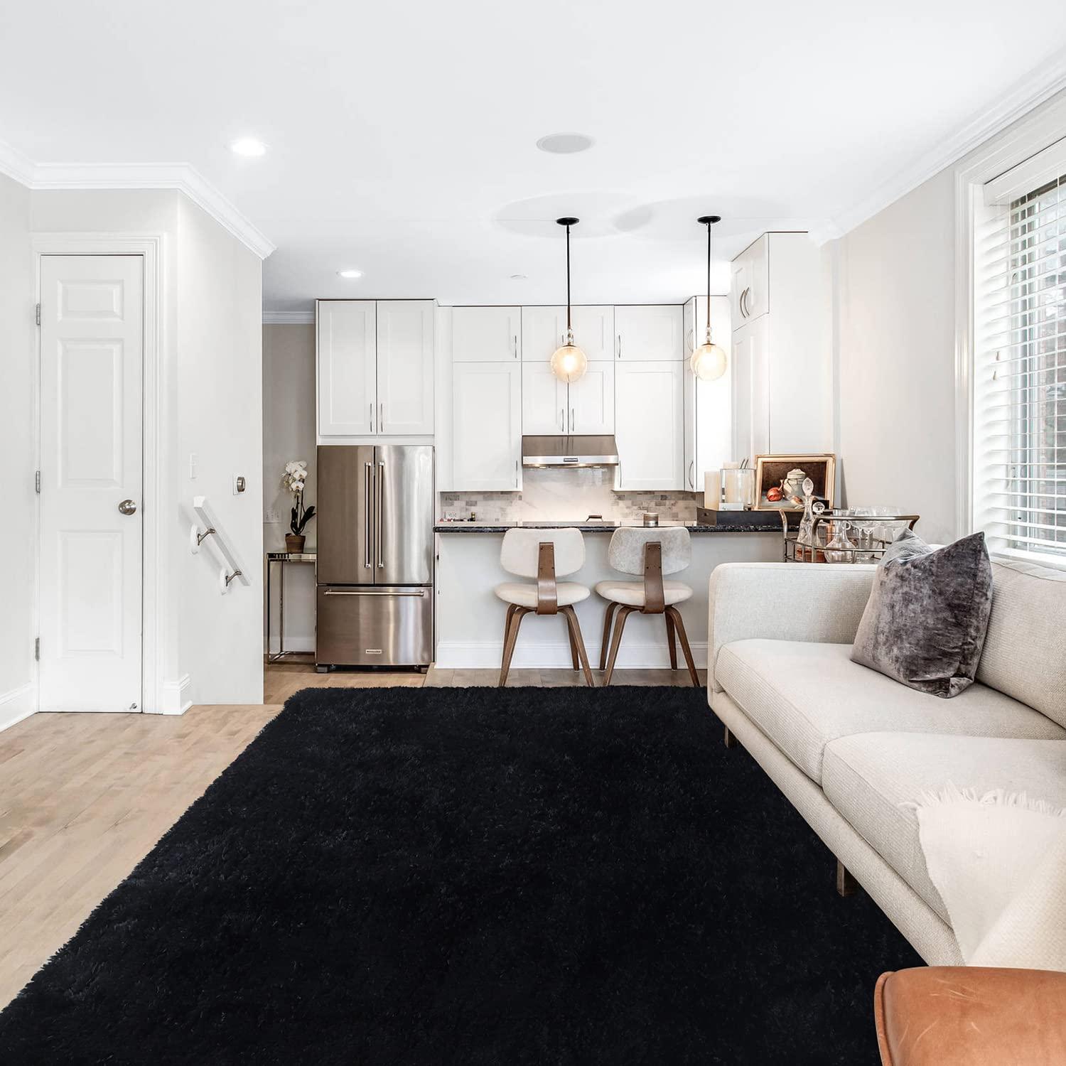 HT Design Rectengular Shag Area Rug, 5x7 Solid Color Low Pile Shag, Easy to clean, Pet Friendly, Soft Nursery Runner Rug for Living Rooms, Bedrooms, Black