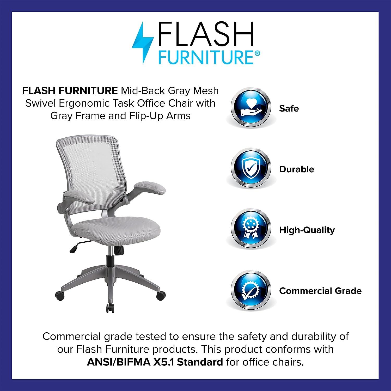 Flash Furniture Mid-Back Gray Mesh Swivel Ergonomic Task Office Chair with Gray Frame and Flip-Up Arms
