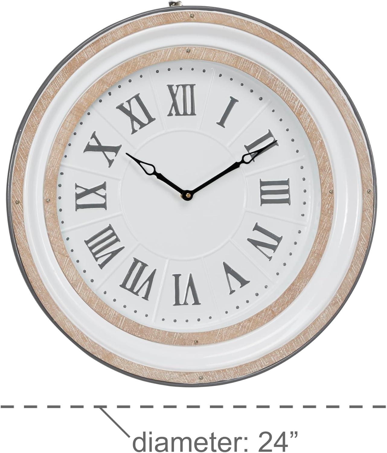 Farmhouse Metal Vintage Wall Clock White - Olivia & May: Silent Mechanism, 24" Size, Round Shape