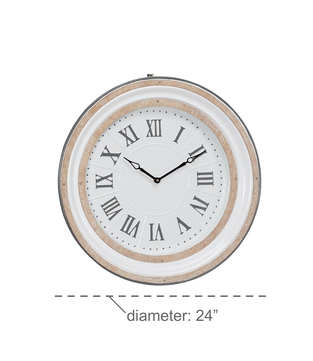 Farmhouse Metal Vintage Wall Clock White - Olivia & May: Silent Mechanism, 24" Size, Round Shape