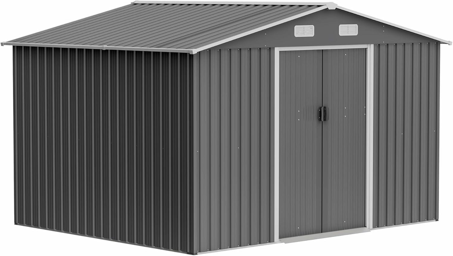 10X8 FT Outdoor Tool Storage Shed with Metal Foundation & Lockable Doors, All Weather Metal Sheds for Garden, Patio, Backyard, Lawn, Gray