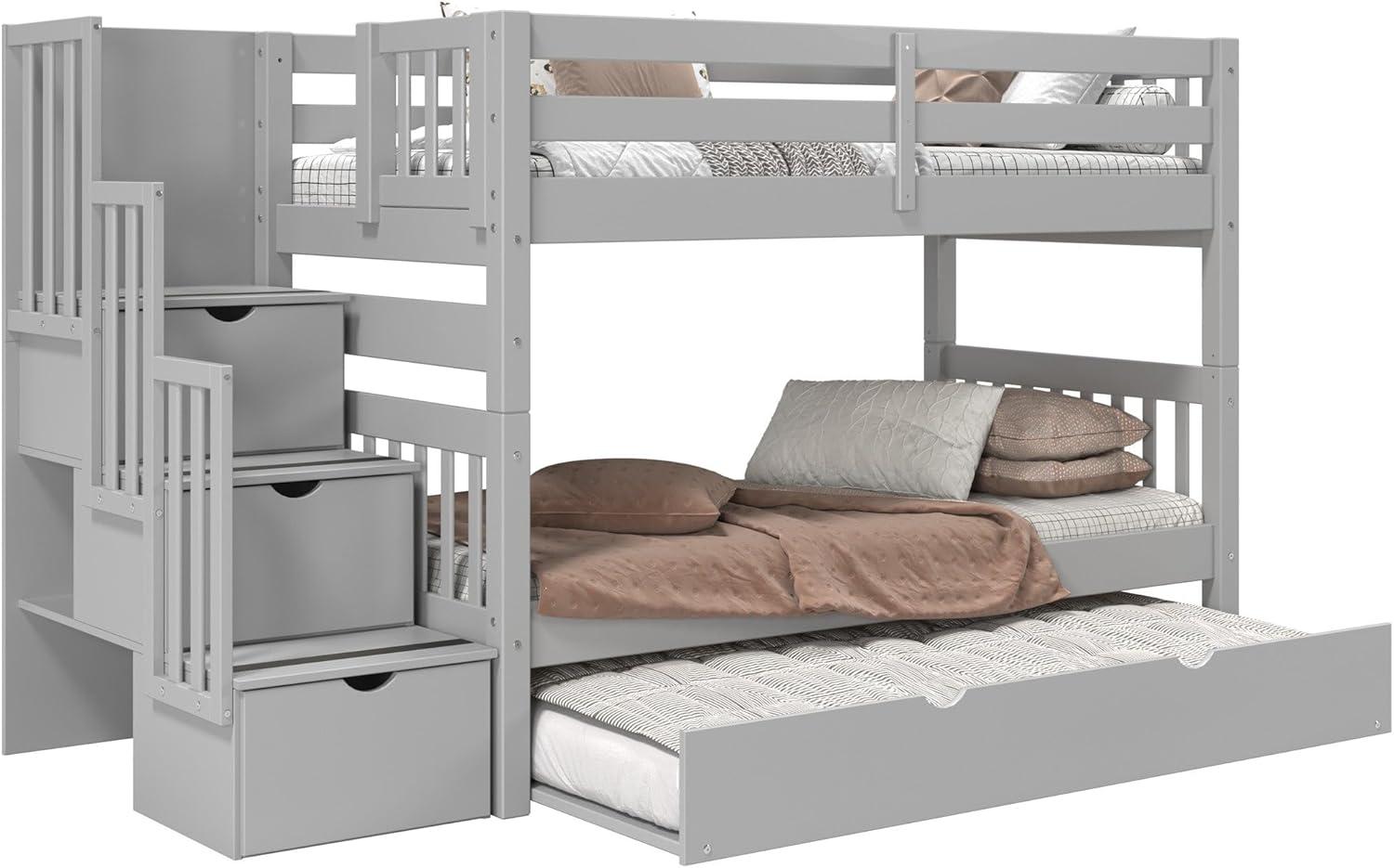 Bedz King Stairway Bunk Beds Twin over Twin with 3 Drawers in the Steps and a Twin Trundle, Gray