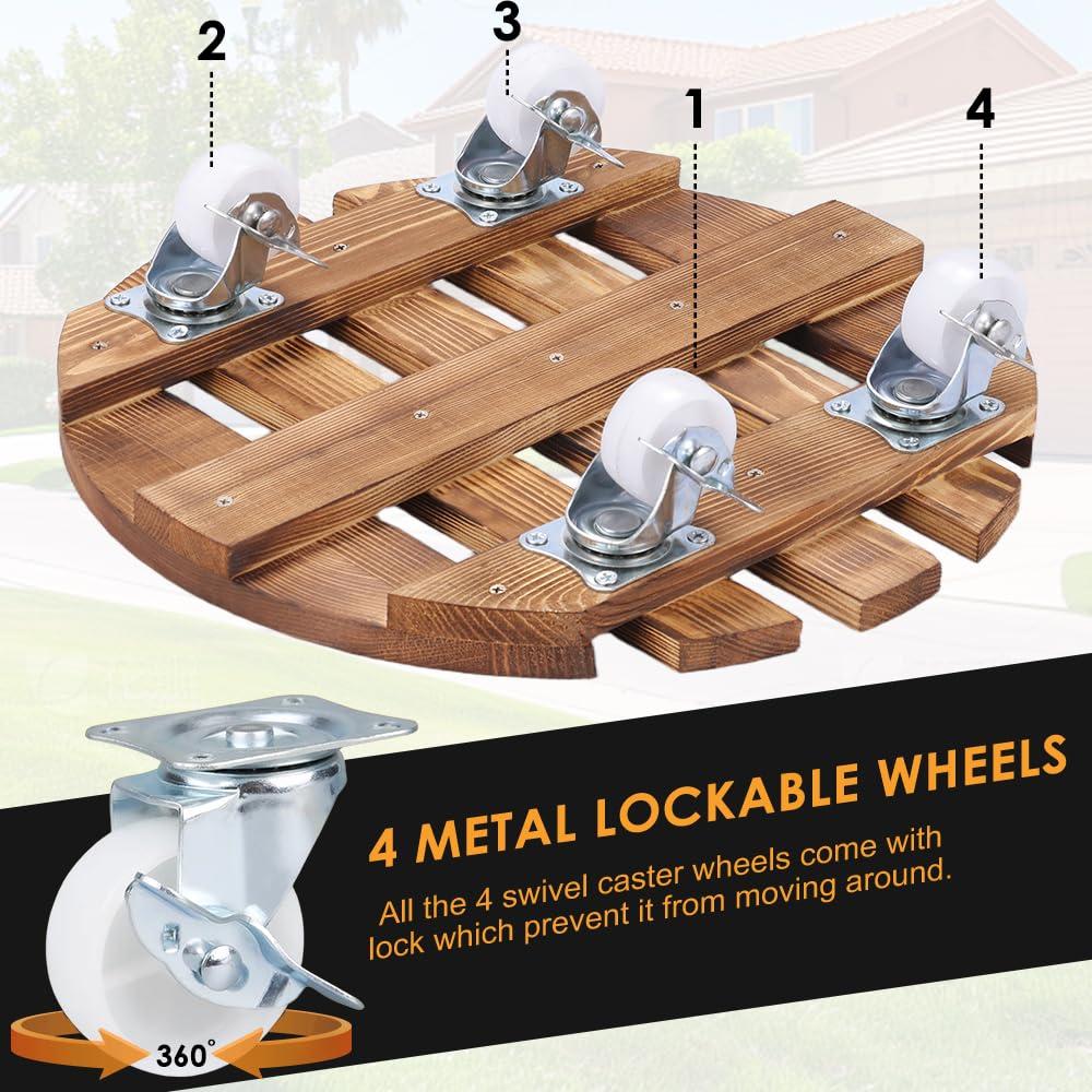 BUSATIA 2pack 12" Plant Caddy Plant Stand with Wheels,Rolling Plant Stand Heavy Duty Wooden Round Plant Dolly Rollers with 360°Metal Lockable Casters Indoor Outdoor Pot Plant Roller Base Caddies