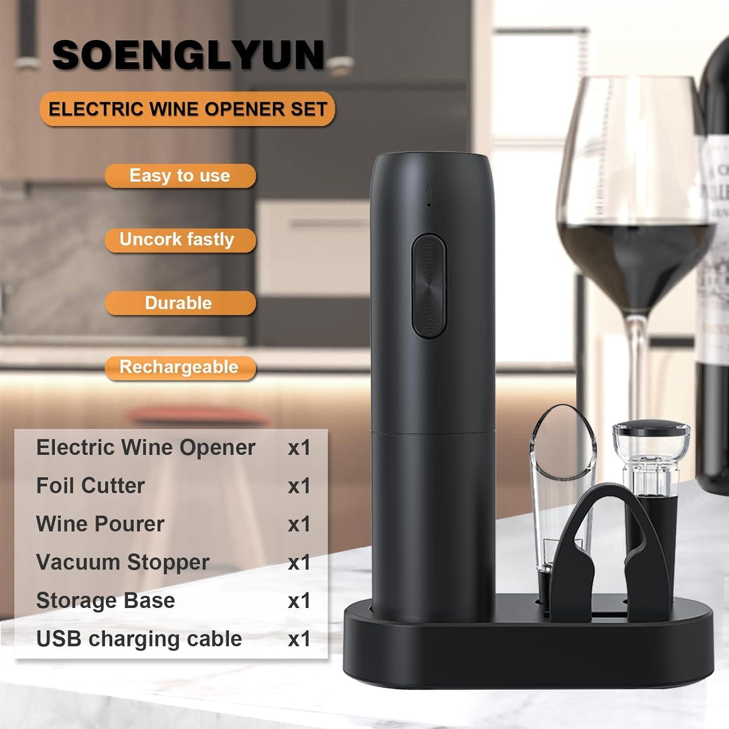 Rechargeable Electric Wine Opener, 5 in 1 set with Automatic Electric Wine Bottle Corkscrew Opener, Foil Cutter, Vacuum Stopper, Wine Pourer and Storage Charging Stand