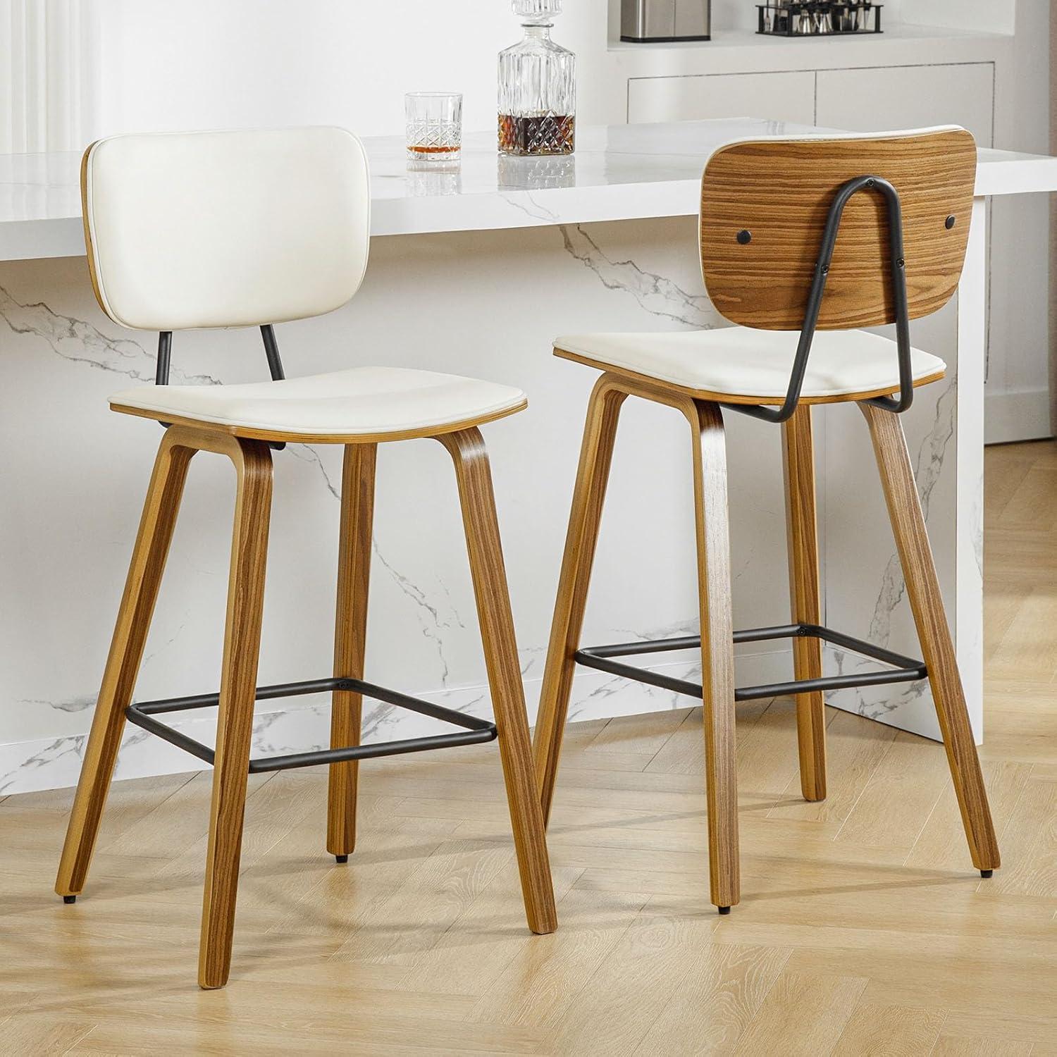 Cream PU Leather Upholstered Counter Stools with Walnut Wood Legs