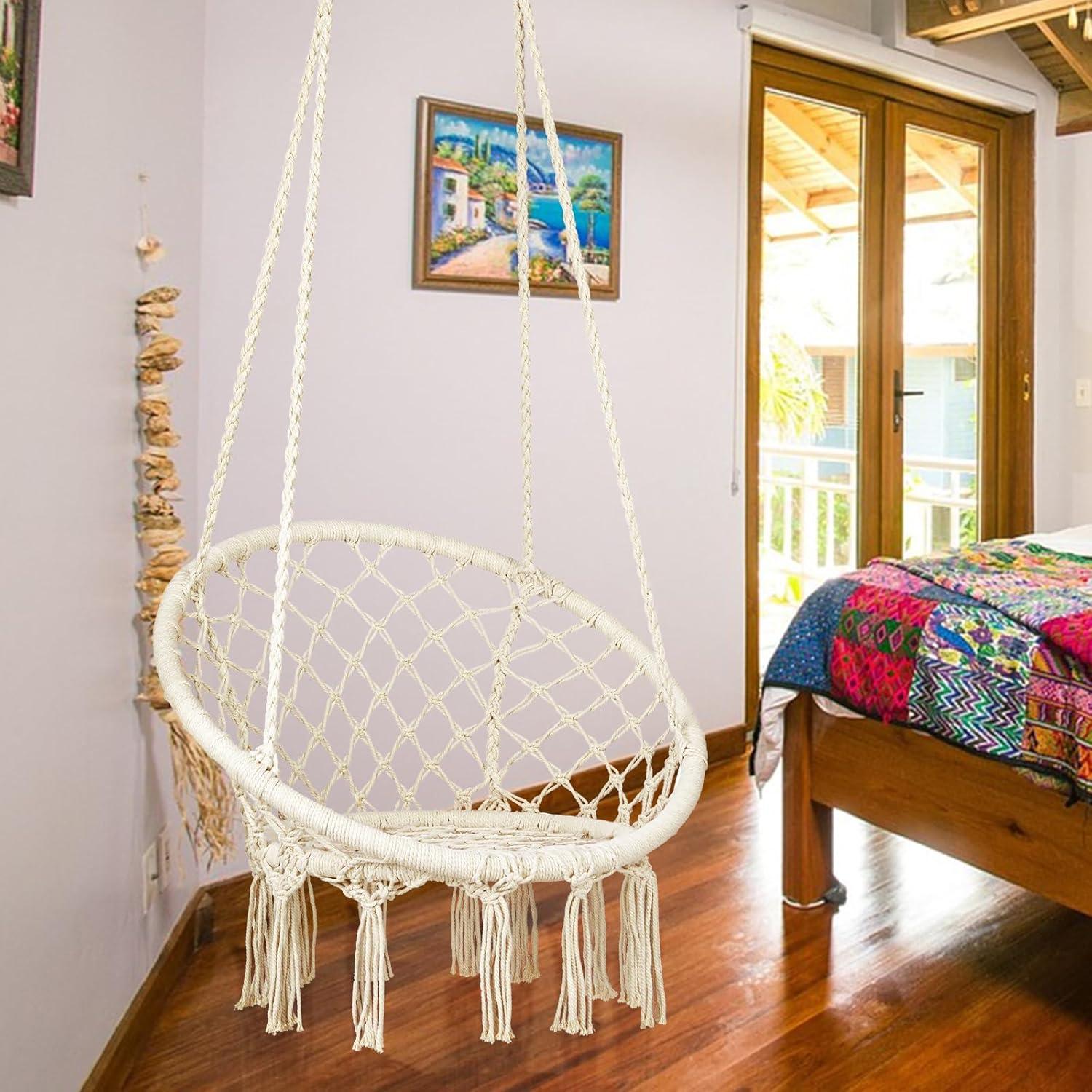 Hammock Swing Chair for 2-5 Years Old Kids,Handmade Knitted Macrame Hanging Swing Chair for Indoor,Bedroom,Yard,Garden- 230 Pound Capacity Off-White- with Suspension Kit