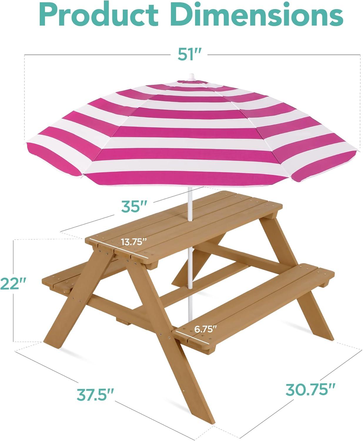 Best Choice Products Kids Wooden Picnic Table, Outdoor Activity Table w/ Adjustable Umbrella, Seats - Natural/Dark Pink