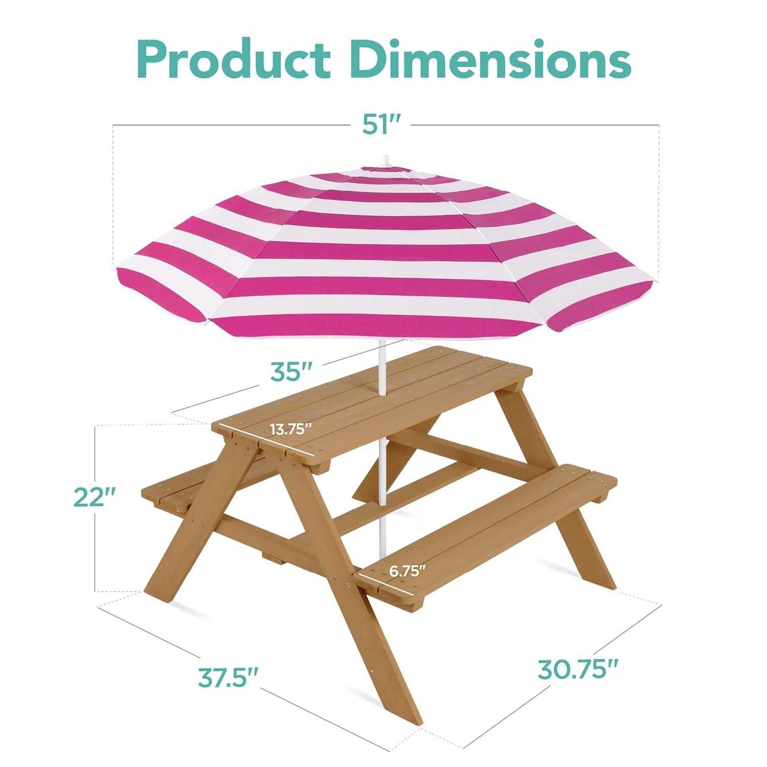 Best Choice Products Kids Wooden Picnic Table, Outdoor Activity Table w/ Adjustable Umbrella, Seats - Natural/Dark Pink