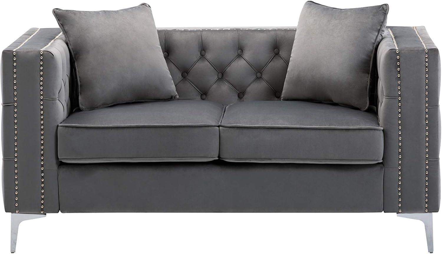 LILOLA Lorreto Gray Button Tufted Velvet Fabric Glam Loveseat