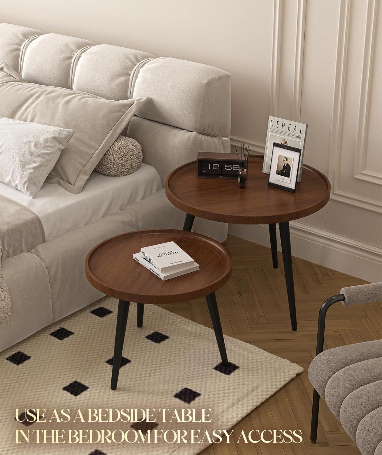 2-Piece Modern Round Coffee Table Set for Living Room,Easy Assembly Nesting Coffee Tables,Walnut Color Circle End Side Tables for Bedroom Office Balcony Yard