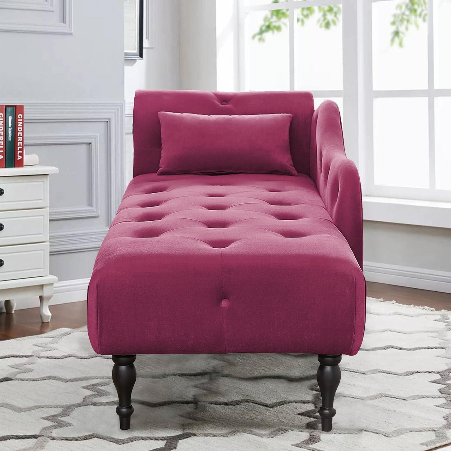 Burgundy Velvet Chaise Lounge with Mahogany Wood Legs