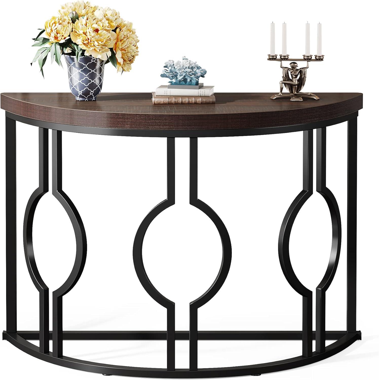 Rustic Brown and Black Demilune Wood and Metal Console Table