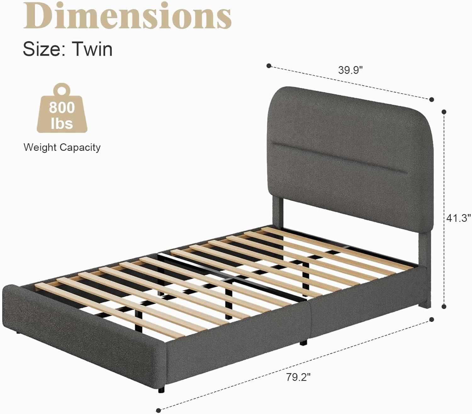 Gray Boucle Upholstered Twin Bed Frame with Headboard