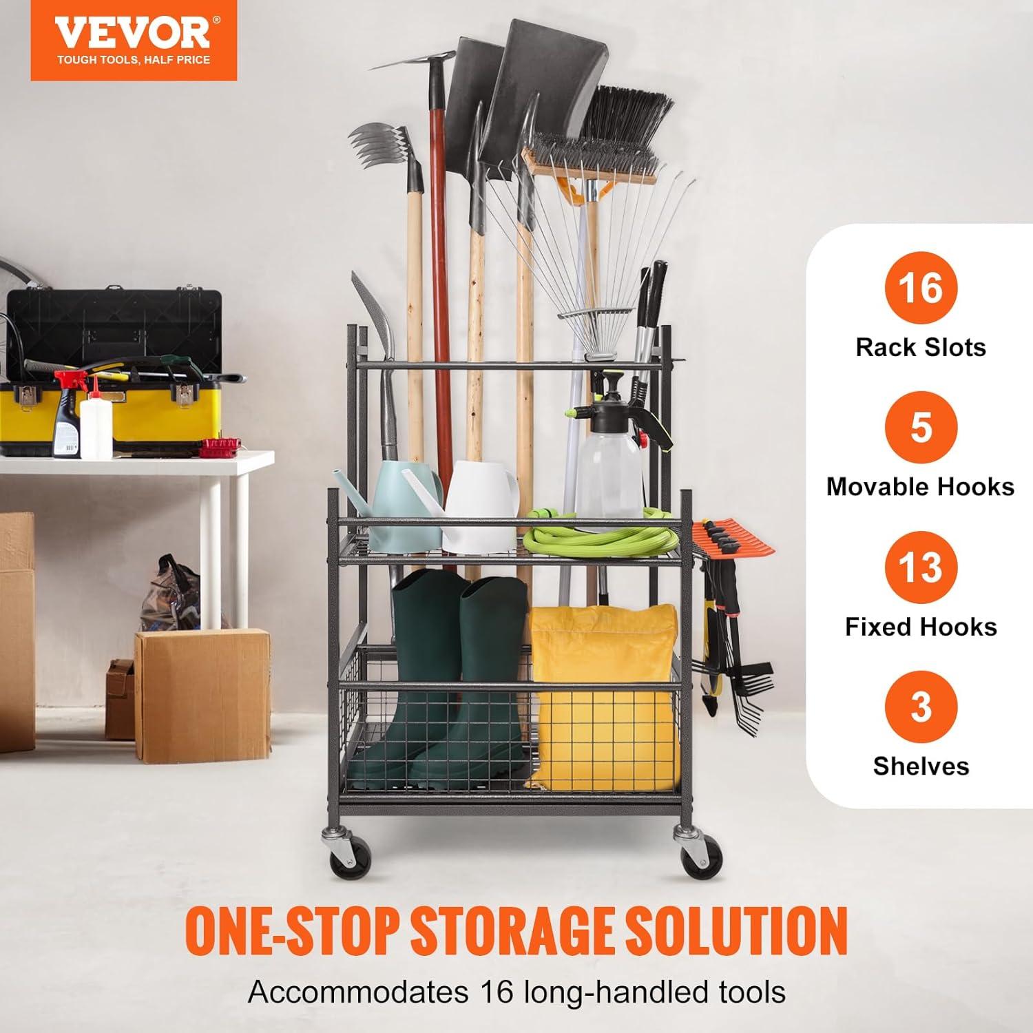 VEVOR Garden Tool Organizer, 16 Slots with Hooks, Yard Tool Tower Rack with Wheels for Garage Organization and Storage, Hold Long-Handled Tool/Rake