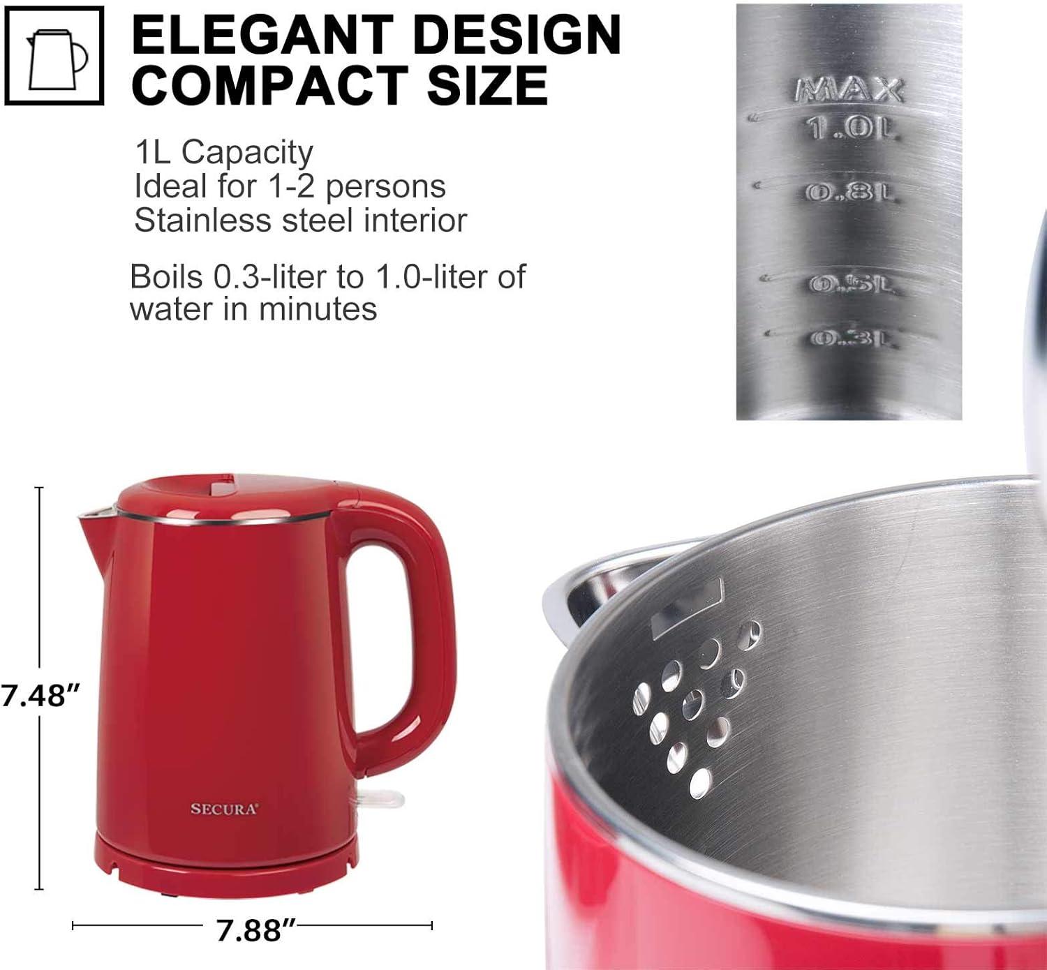Secura Stainless Steel Double Wall Electric Kettle Water Heater for Tea Coffee w/Auto Shut-Off and Boil-Dry Protection, 1.0L (Red) SWK-1001DR/HB-K012