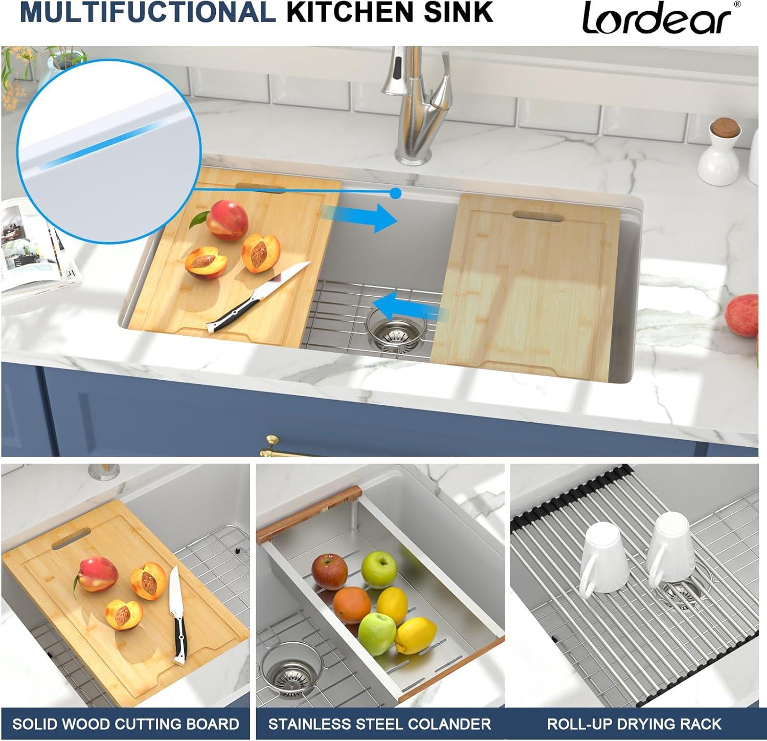 Lordear 33 Inch White Kitchen Sink Undermount Composite Granite Quartz Single Bowl Workstation 33x19x10 Inch Under Counter Kitchen Sinks