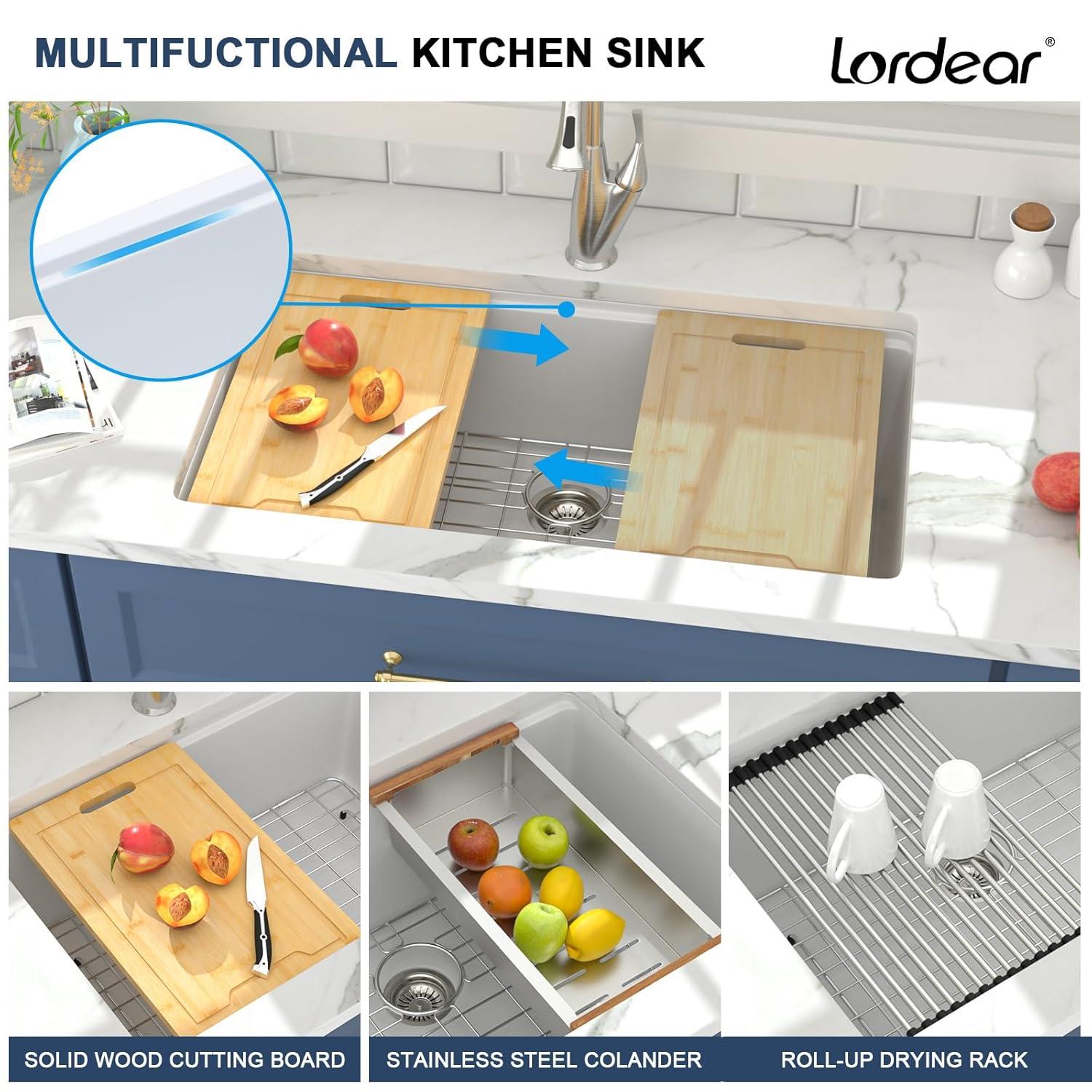 Lordear 33 Inch White Kitchen Sink Undermount Composite Granite Quartz Single Bowl Workstation 33x19x10 Inch Under Counter Kitchen Sinks