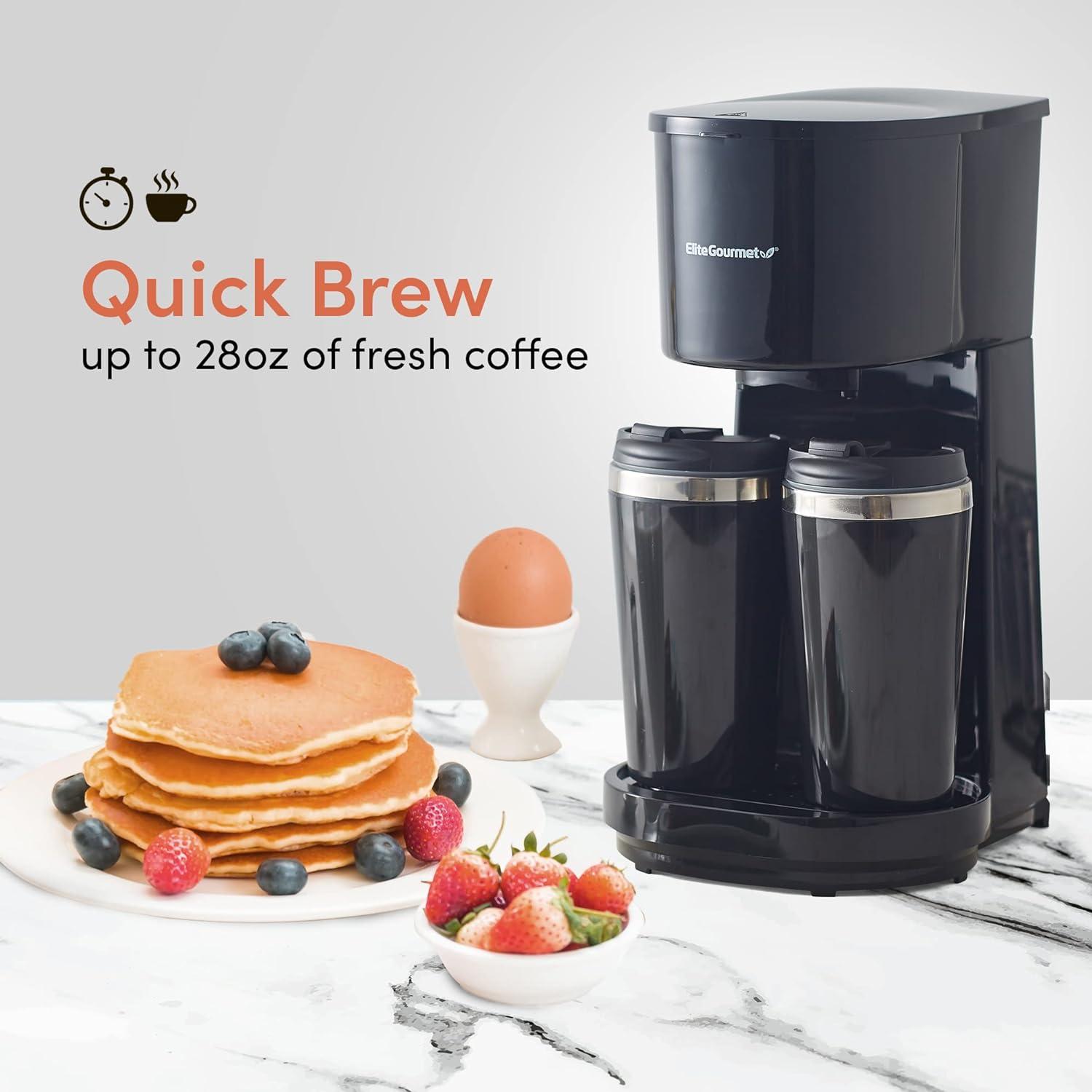 Elite Gourmet Dual Coffee Maker with Two Stainless Steel Interior Travel Mugs, Black