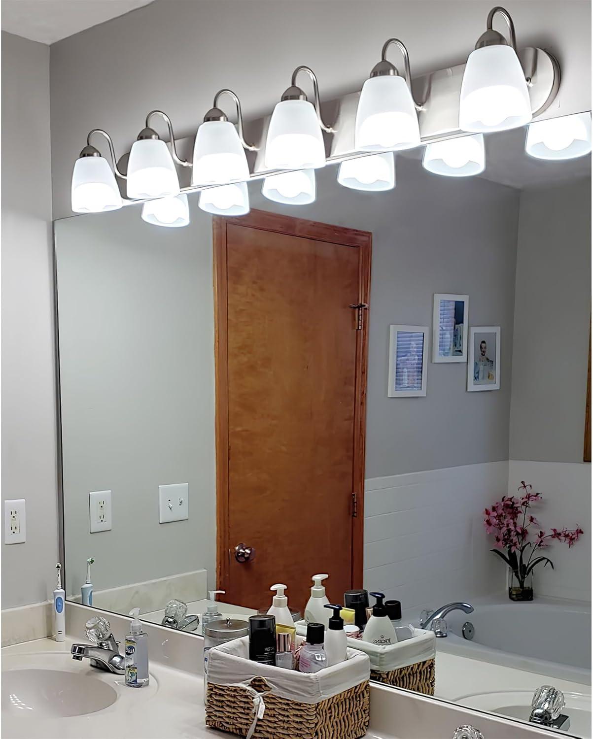 Kira Home Armada 37" 5-Light Over Mirror / Bathroom Light, Frosted Glass Shades, Curved Arms, Brushed Nickel