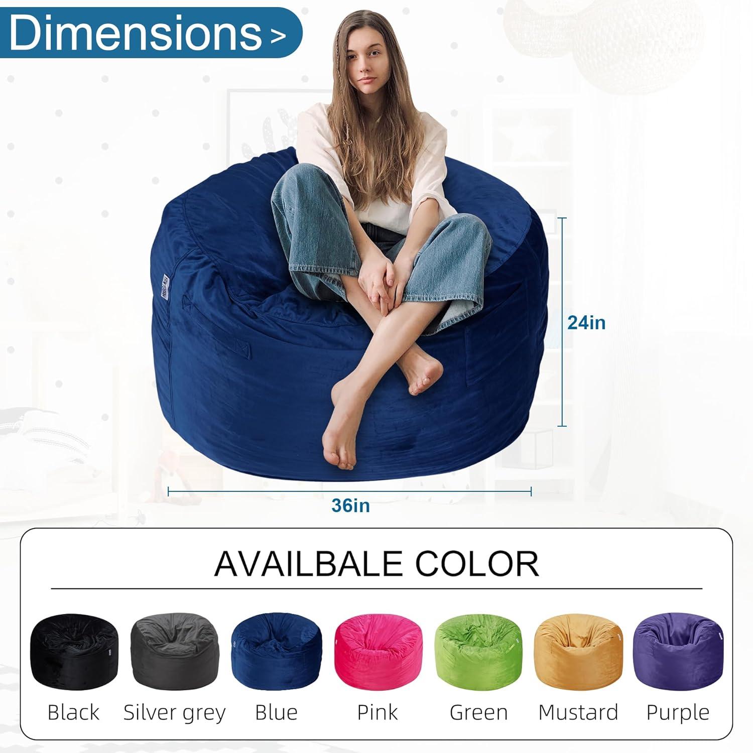 Luxurious Blue Velvet Round Bean Bag Chair with Memory Foam