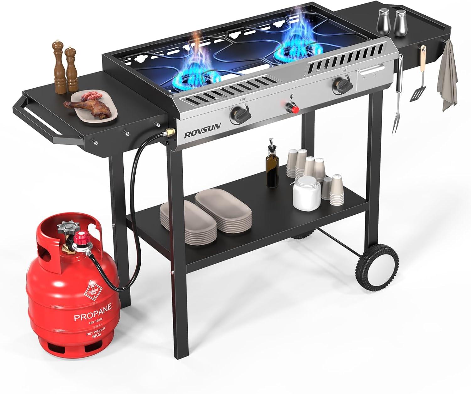 ROVSUN 2 Burner Outdoor Propane Gas Stove with Ignition, Regulator & Shelf, 150,000 BTU Powerful Cooker for Backyard Patio Cooking Home Canning Frying