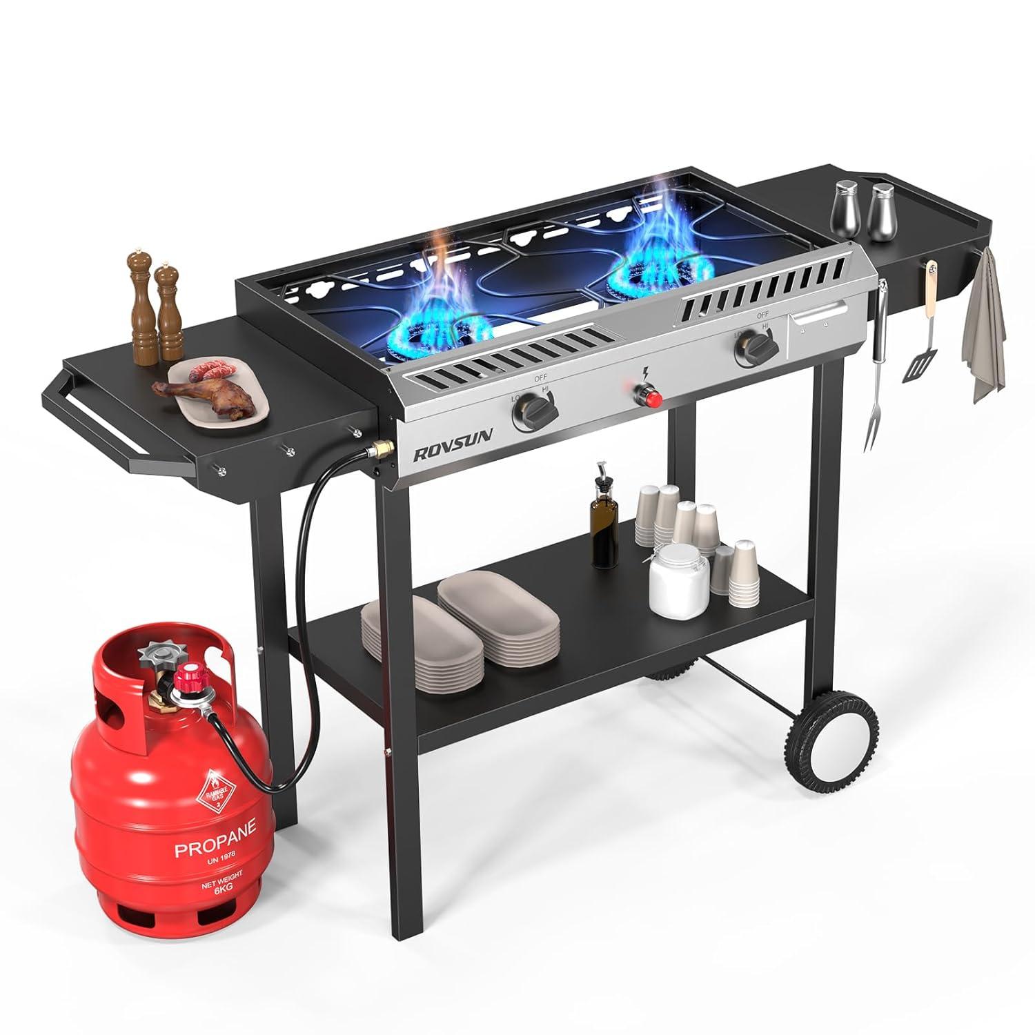 ROVSUN 2 Burner Outdoor Propane Gas Stove with Ignition, Regulator & Shelf, 150,000 BTU Powerful Cooker for Backyard Patio Cooking Home Canning Frying