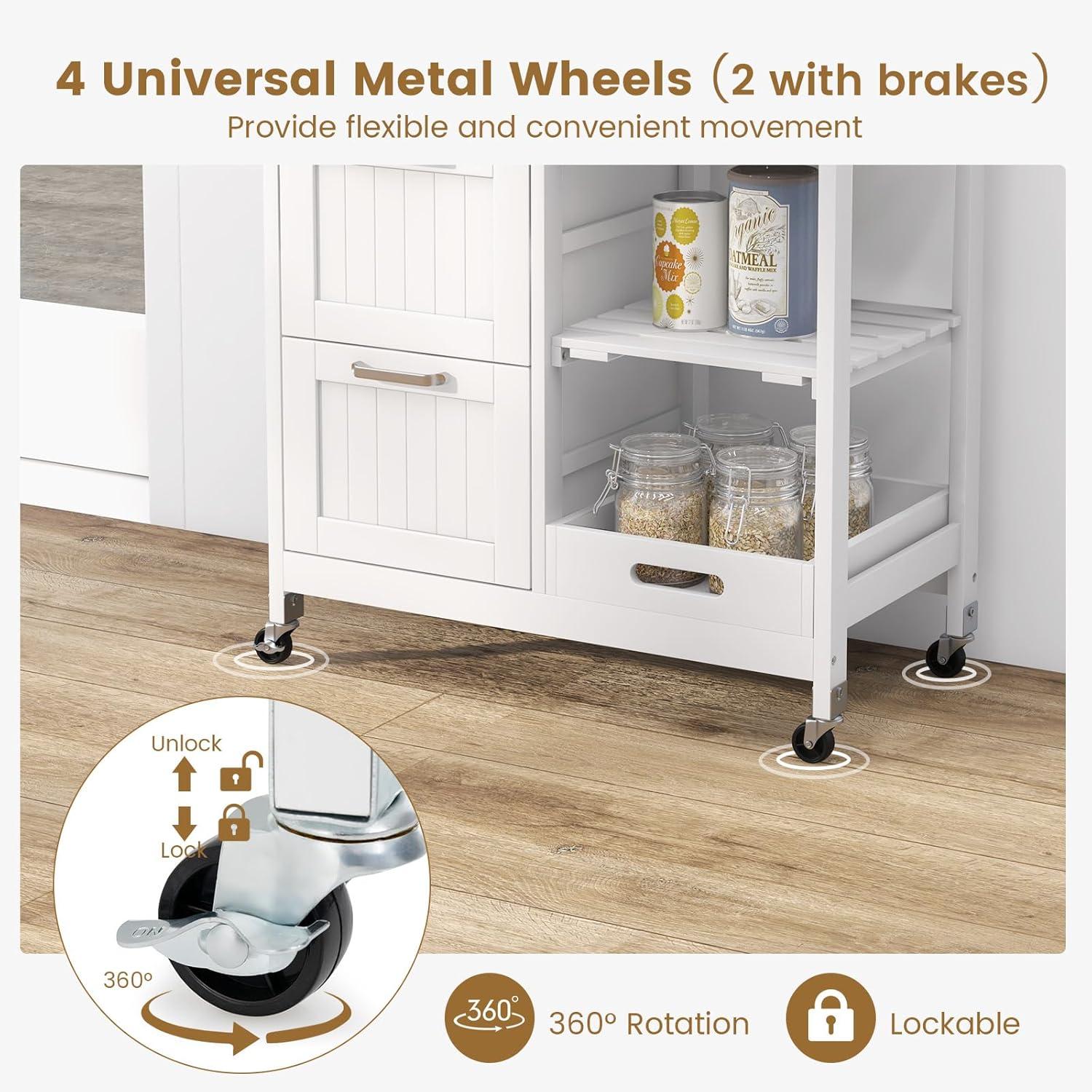 Kitchen Storage Island Cart on Wheels, Kitchen Rolling Trolley Cart with 3 Drawers and Shelves, 360° Wheels & Detachable Tray, Kitchen Island for Dining Room, Living Room & Bedroom