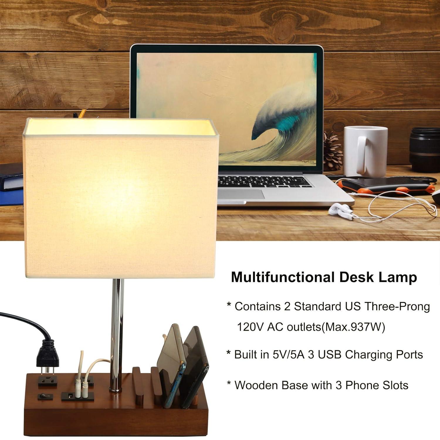Briever USB Table Lamp, Multi-Functional Bedside Desk Lamp with 2 AC Outlets, 3 USB Charging Ports and Wooden Phone Stands, Modern Nightstand Lamp for Bedroom, Guest Room, Office