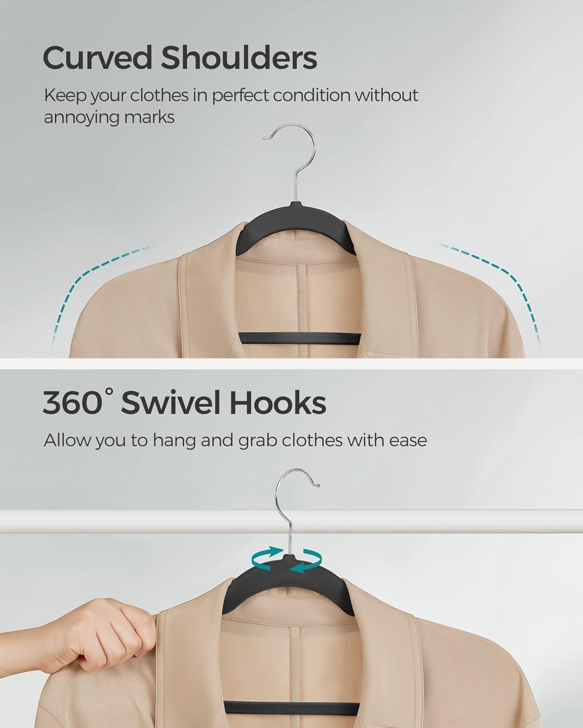 SONGMICS Velvet Hangers 30 Pack, Non-Slip Clothes Hangers, Suit Hangers with Shoulder Notches, Pants Bar, 360° Swivel Hook, Space-Saving, for Closet, Ink Black UCRF029B03