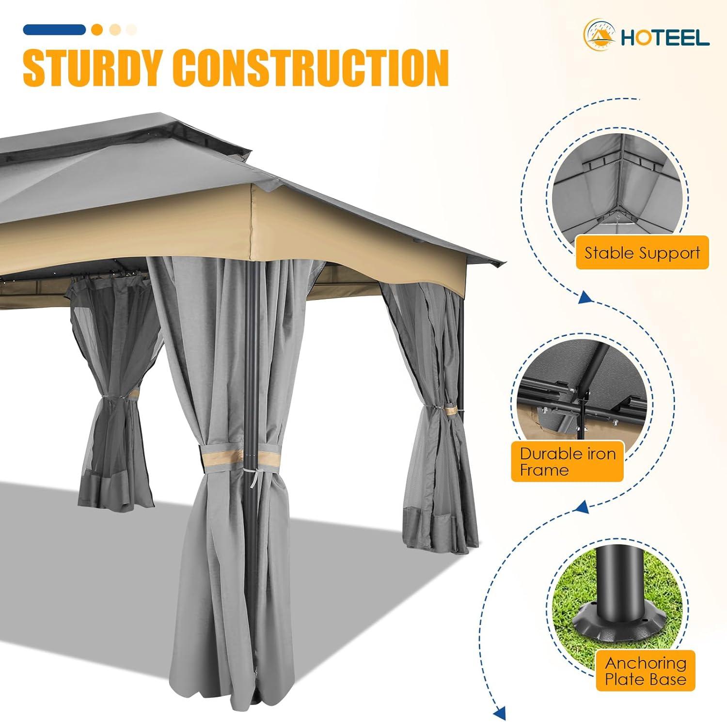 COBIZI 12X20 Heavy Duty Gazebo Outdoor Gazebo with Mosquito Netting and Curtains, Canopy Tent Deck Gazebo with Double-Arc Roof Ventiation and Metal Steel Frame Suitable for Lawn, Backyard, Patio,Gray