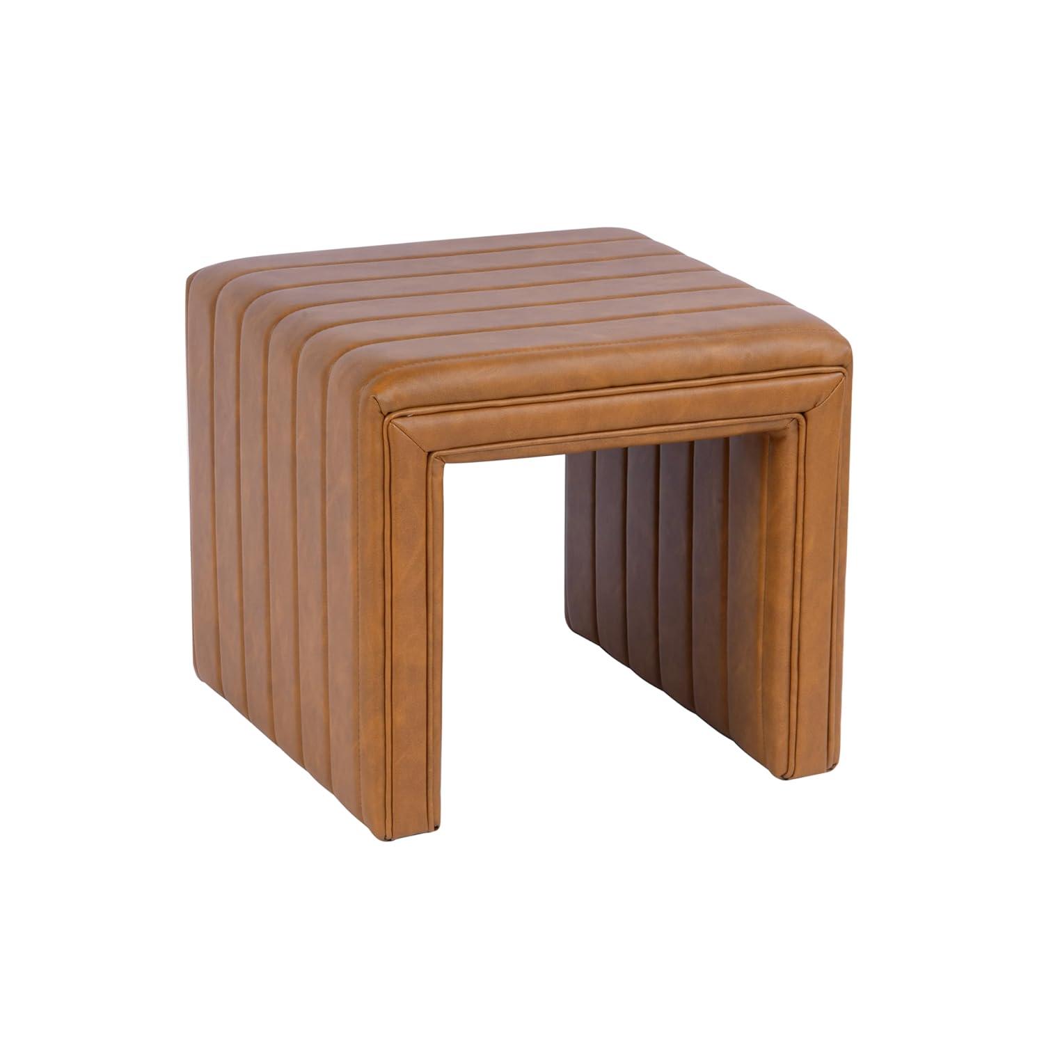 Modern Channel Ottoman Caramel Faux Leather - HomePop: Upholstered Rectangle, No Assembly Required