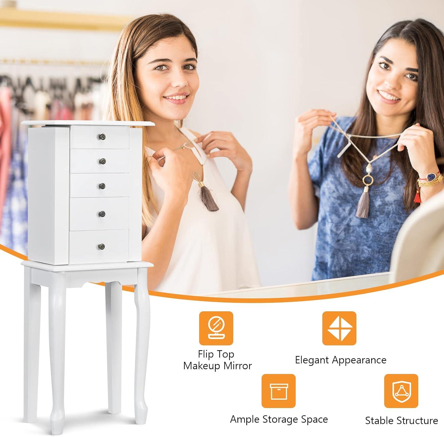 Standing Jewelry Cabinet Armoire with Top Flip Mirror, Jewelry Box Chest with 4 Drawers, Top Compartments, 8 Necklace Hooks and 2 Side Doors, White