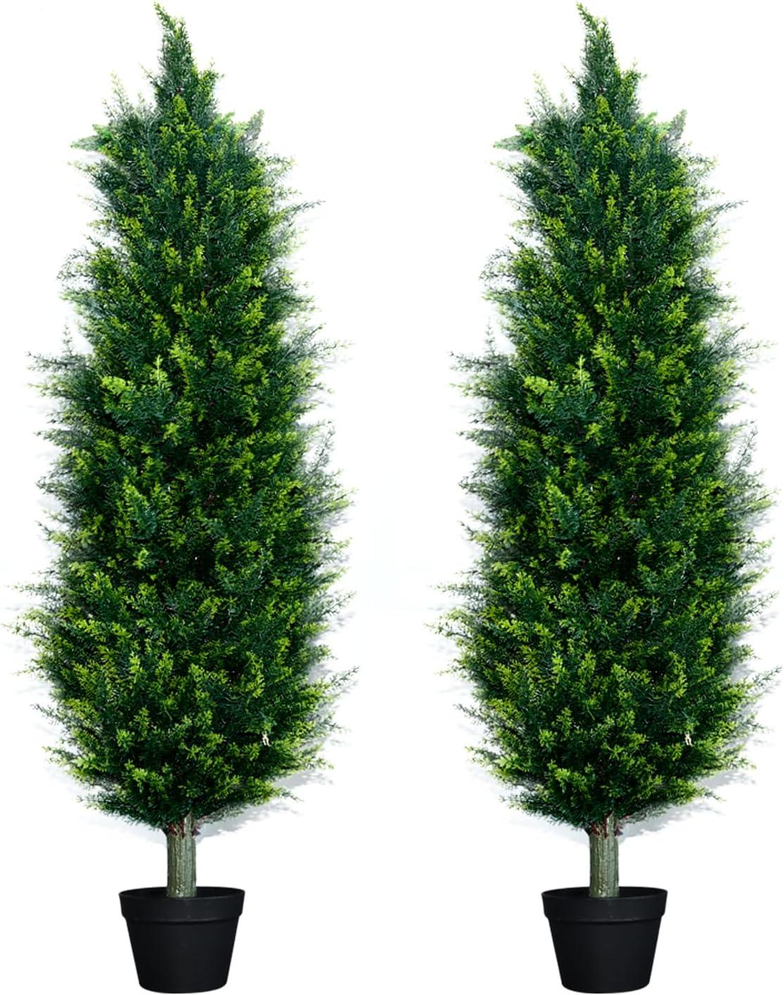 CAPHAUS CAPHAUS Artificial Cedar Tree Pair, UV Resistant Boxwood Topiary w/ Dried Moss, 3 / 4 / 5 Feet