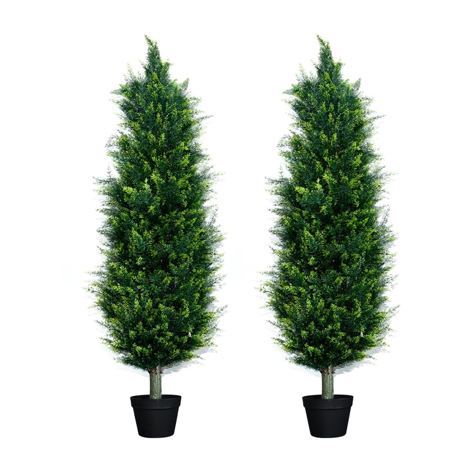 CAPHAUS CAPHAUS Artificial Cedar Tree Pair, UV Resistant Boxwood Topiary w/ Dried Moss, 3 / 4 / 5 Feet