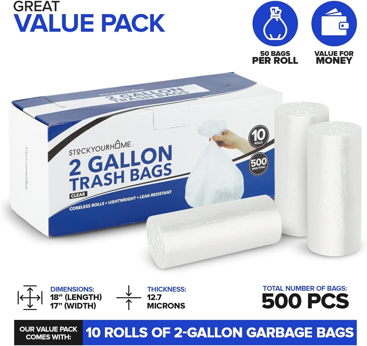 Stock Your Home Clear 2 Gallon Trash Bag (500 Pack) Un-Scented Small Garbage Bags for Bathroom Can, Mini Waste Basket Liner, Plastic Liners for Office Trashcan and Dog Poop, Bulk Household Supplies