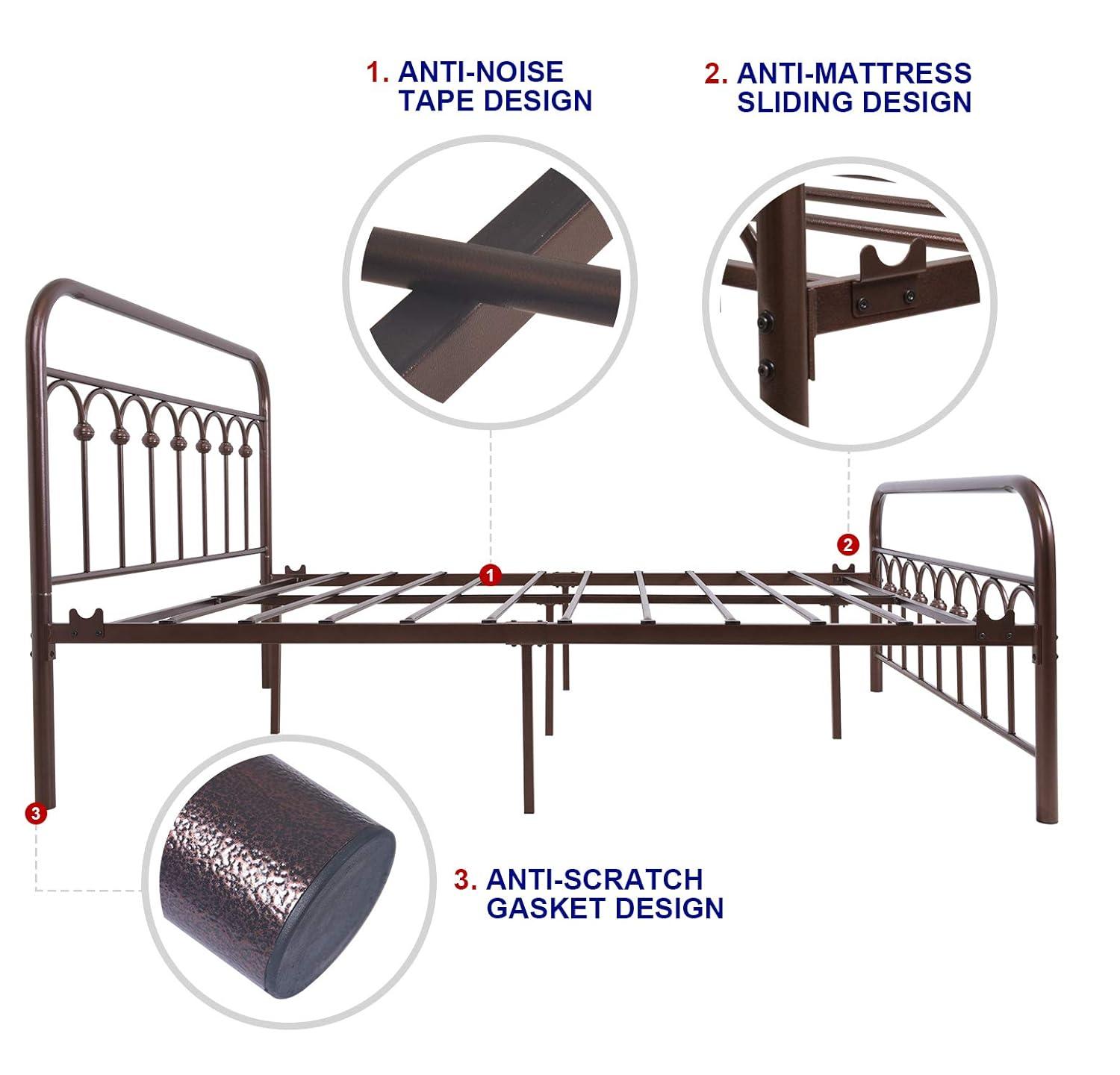 TUSEER Metal Bed Frame Full Size with Vintage Headboard and Footboard Platform Base Wrought Iron (Black)