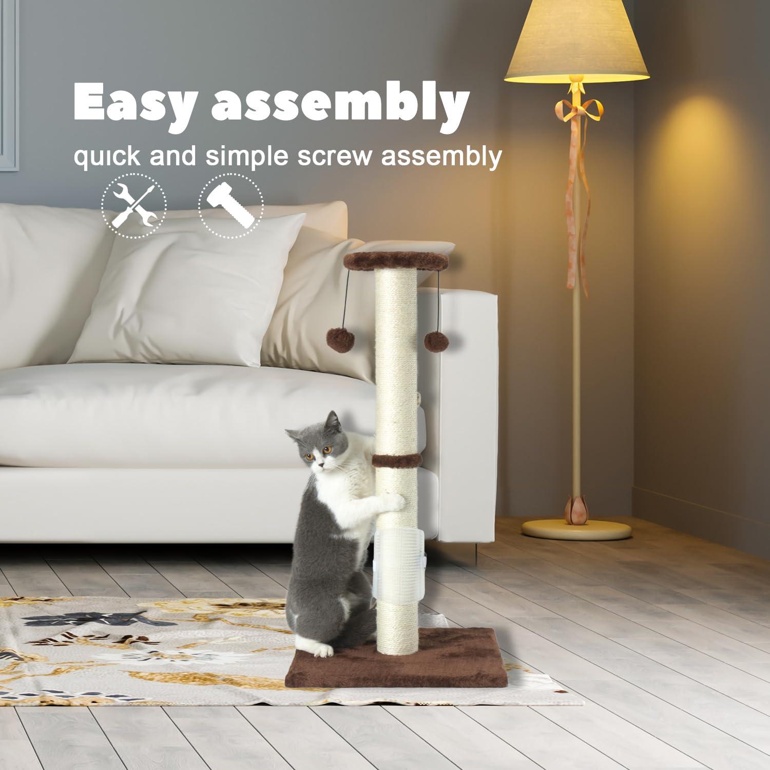 Tucker Murphy Pet™ 32" Tall Cat Scratching Post Sisal Rope Scratch Posts With Hanging Ball And Self-Massage Brush Vertical Scratcher For Indoor Cats And Kittens(Brown 32Inches)