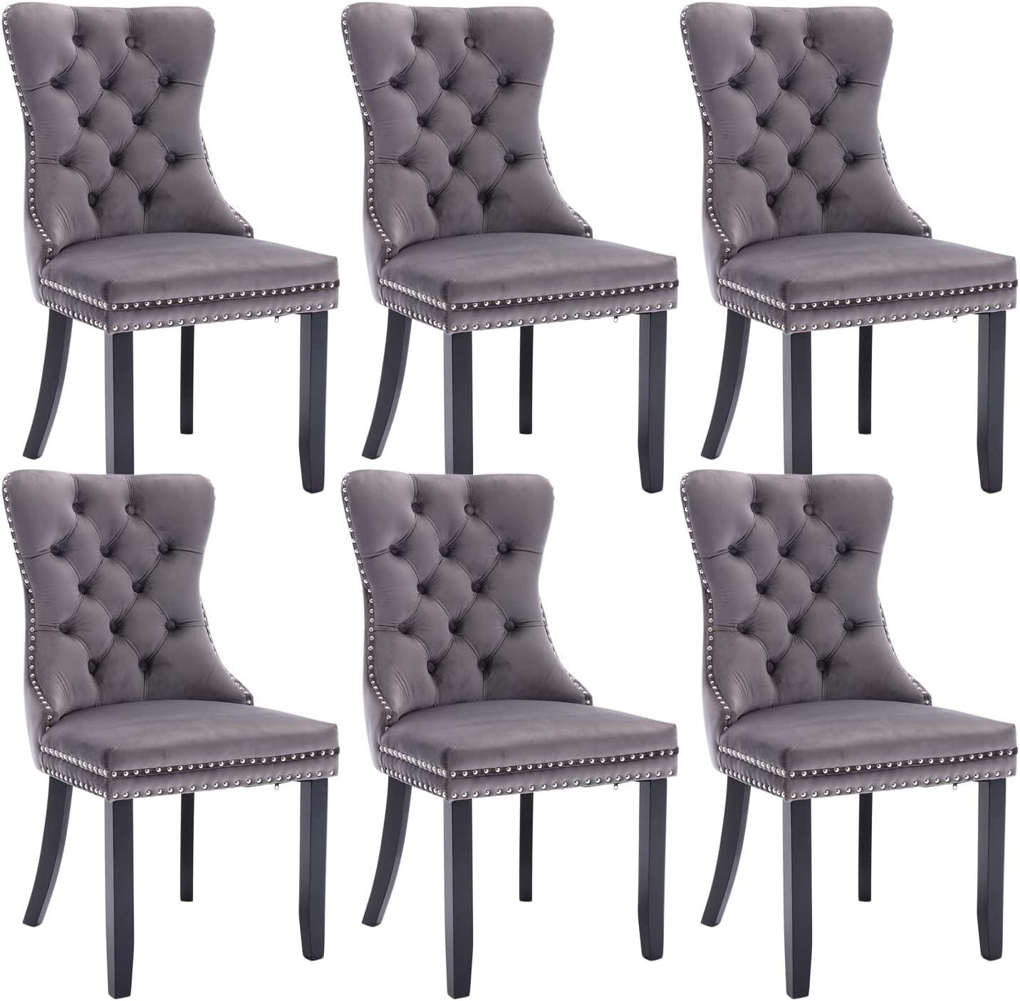 ODUSE-DAILY Grey Velvet Dining Chairs Set of 6, Kitchen & Dining Room Chairs, Sillas De Comedor, Nailheads Tufted, Fabric Upholstered, Solid Wood Frame (Gray, 6 Pcs)