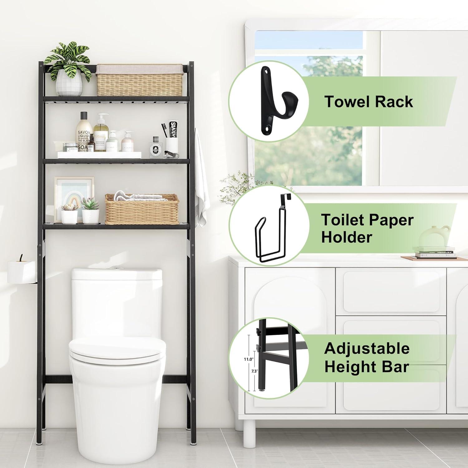 Over The Toilet Storage, Wooden 3-Tier Over-The-Toilet Rack Bathroom Space Saver Organizer, Freestanding Above Toilet Stand with Toilet Paper Holder and Towel Hook(White)