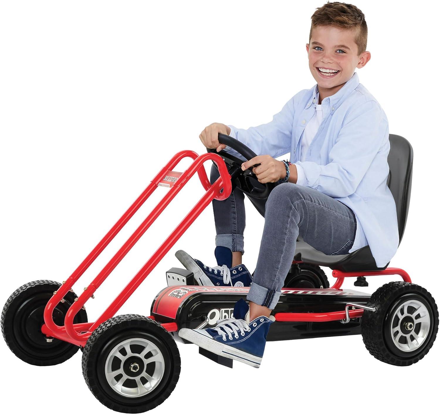 hauck Lightning Ride On Pedal Go Kart Toy with Ergonomic Adjustable Bucket Seat, Handbrake, and Sharp Handling for Boys and Girls, Red