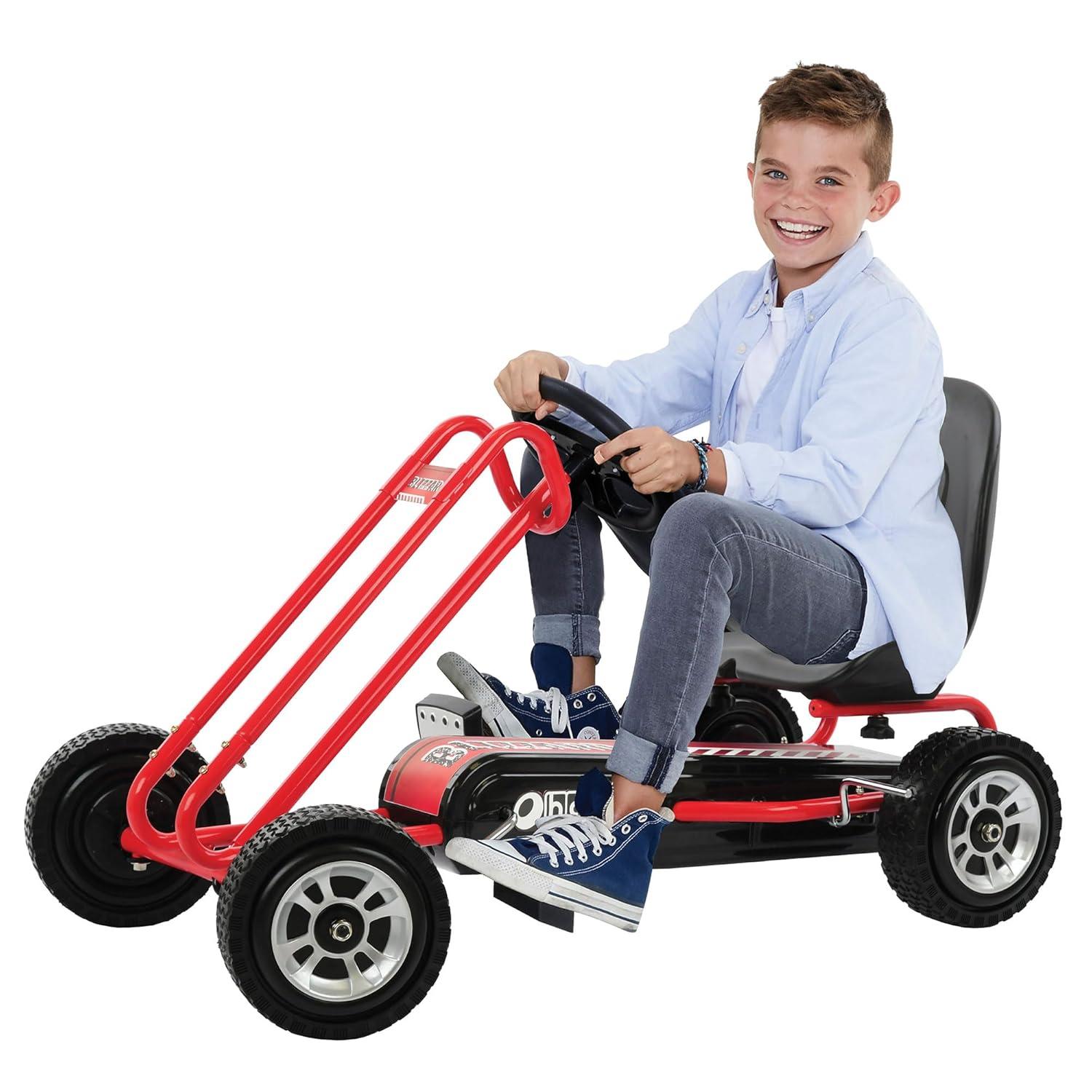 hauck Lightning Ride On Pedal Go Kart Toy with Ergonomic Adjustable Bucket Seat, Handbrake, and Sharp Handling for Boys and Girls, Red