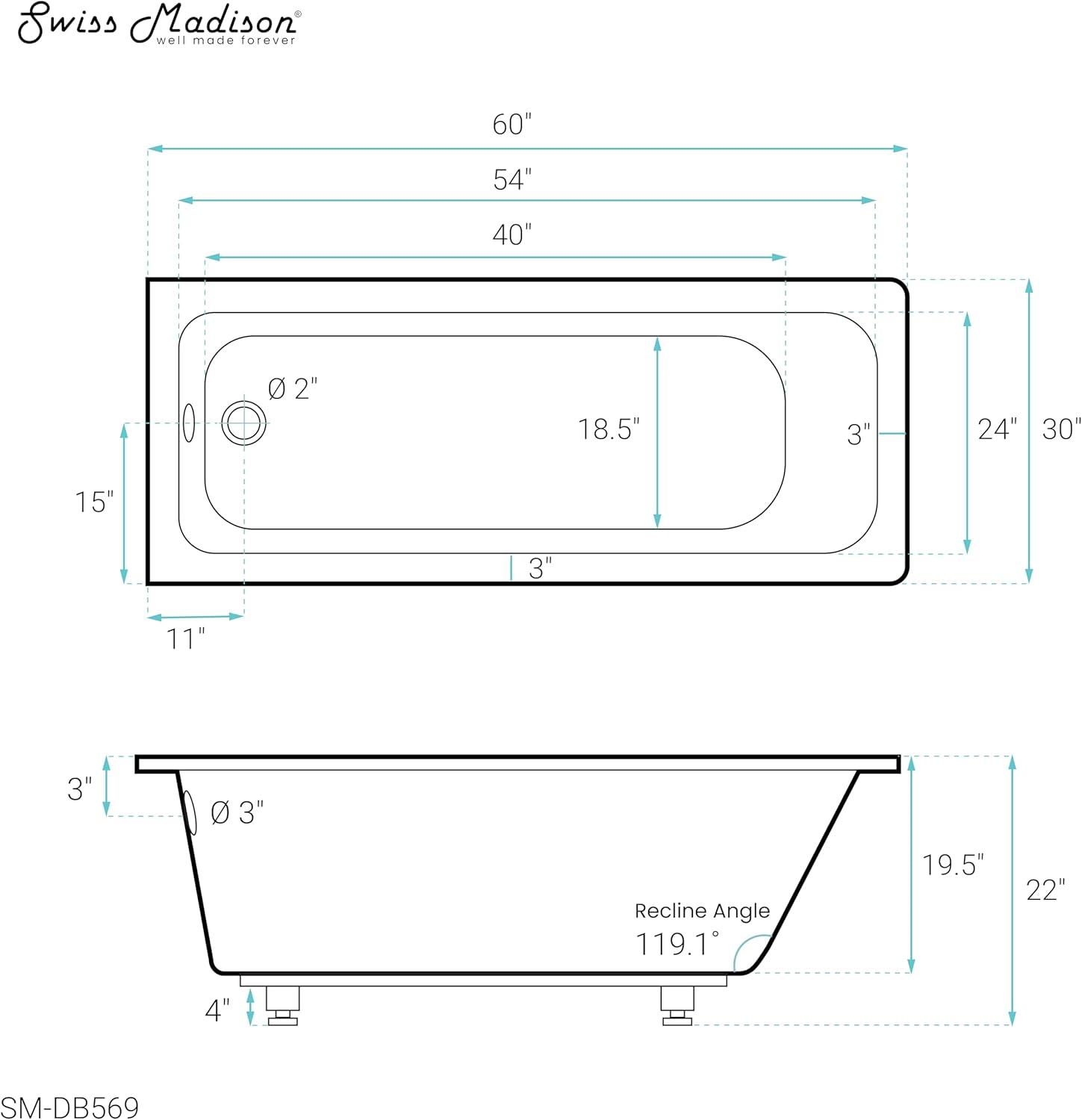 Voltaire 60" x 30" Reversible Drain Drop-In Bathtub