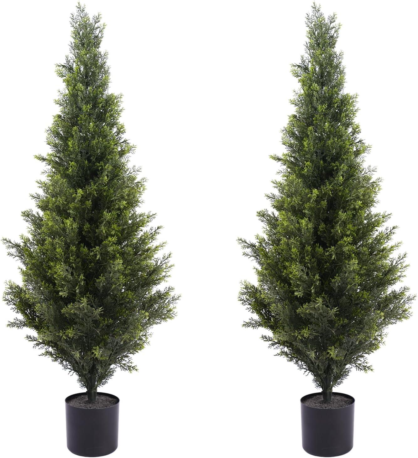 Artificial Cedar Tree 2 Pack 4 ft Outdoor Artificial Topiary Cedar Plants Fake Tree UV Rated Potted Tree for Perfect Housewarming Gift, Set of 2