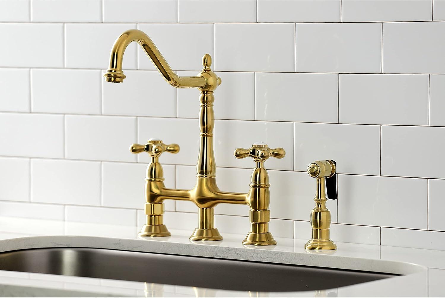 Kingston Brass Heritage Two-Handle 4-Hole Deck Mount Bridge Kitchen Faucet with Brass Side Sprayer