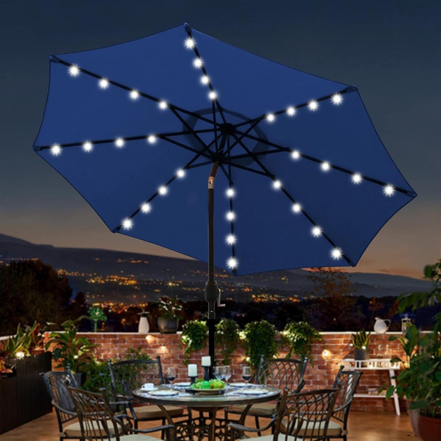 Navy Blue 9 ft Solar LED Lighted Patio Umbrella with Tilt and Crank