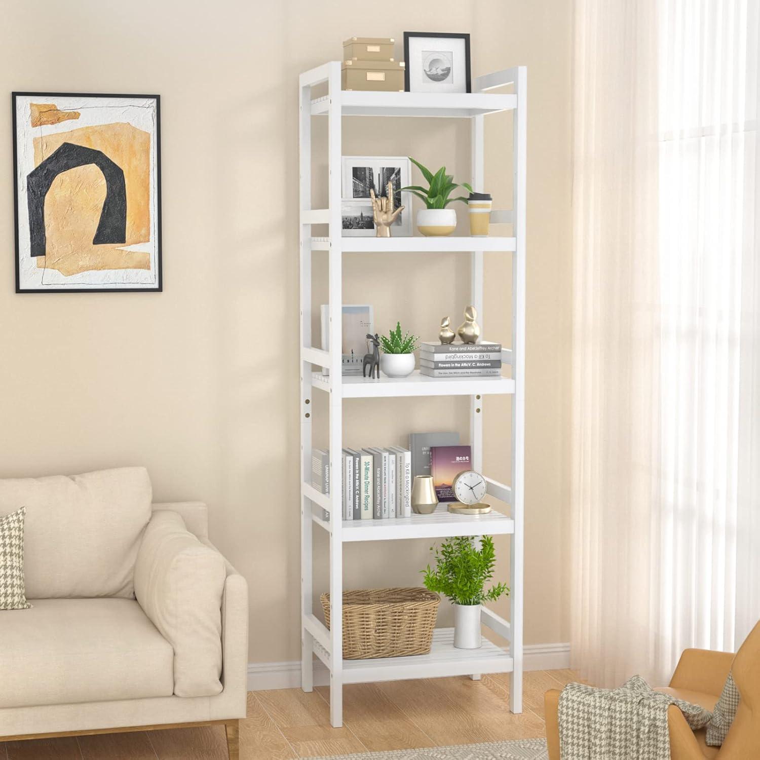 White Bamboo 5-Tier Adjustable Freestanding Bookshelf