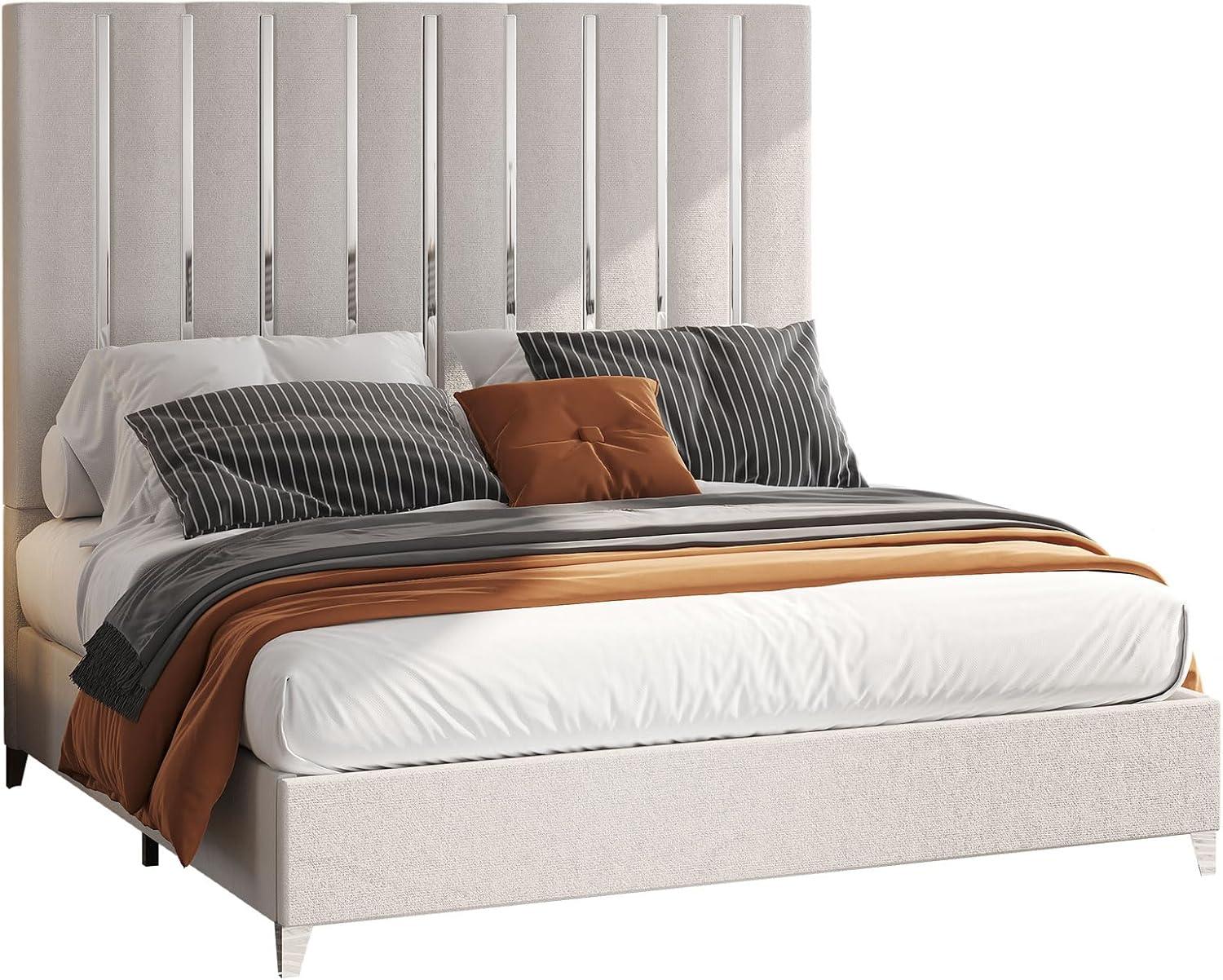 Merluxy Queen Bed Frame with 58" Tall Headboard,Silver Plating Trim,Velvet Upholstered,Cream