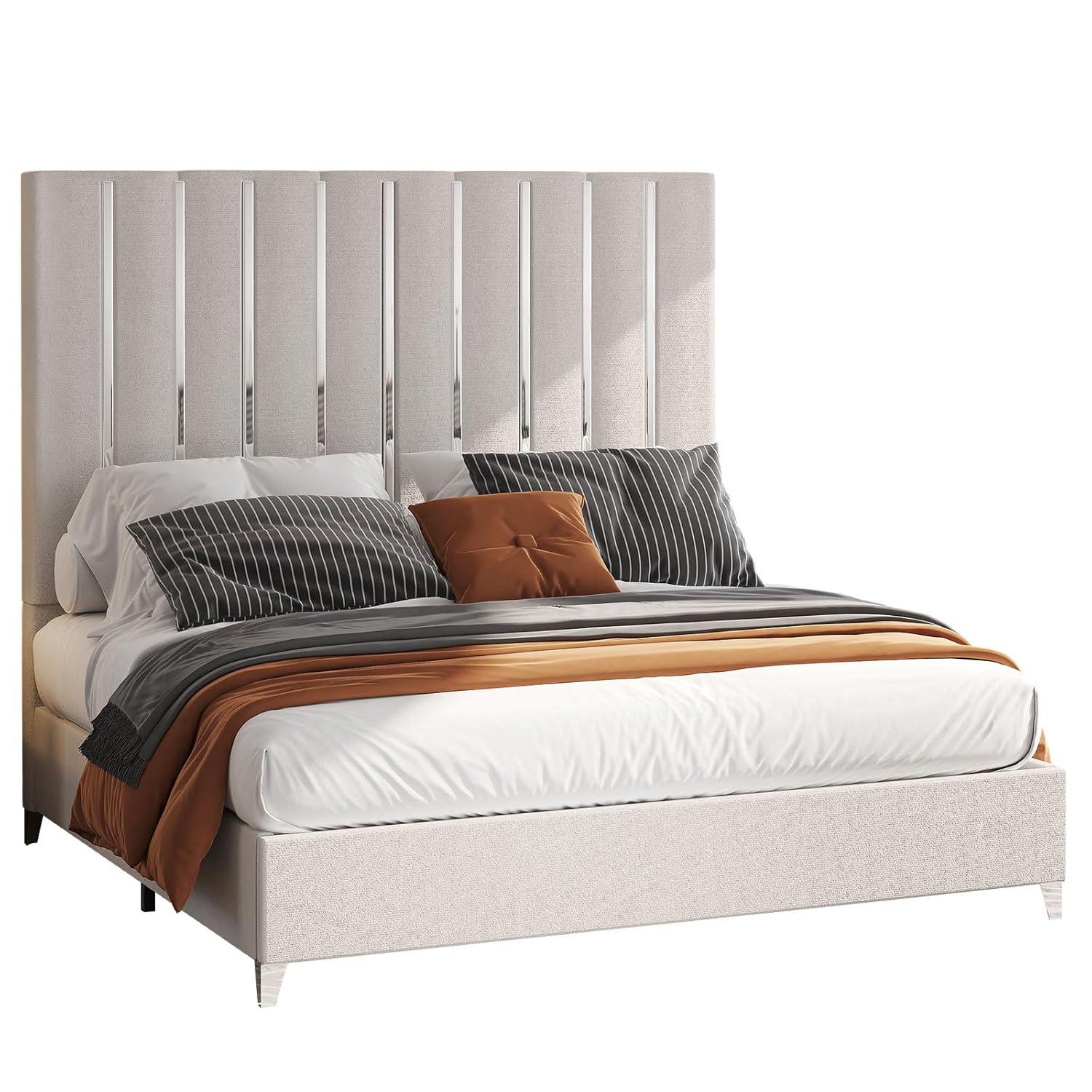 Merluxy King Size Bed Frame with 58" Tall Headboard, Velvet Upholstered Platform Bed with Channel Tufted Wingback Headboard and Plating Trim, Cream