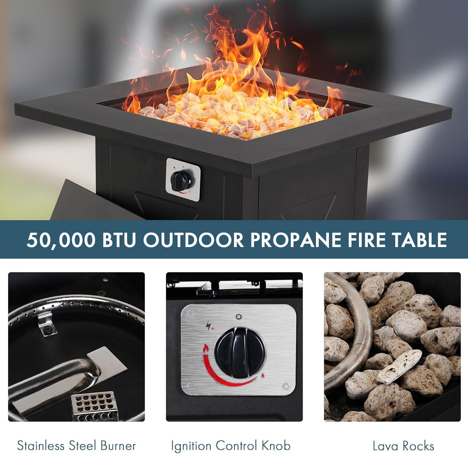Magshion 28 inch Fire Pit Table 50,000 BTU Propane Gas Fire Pit Table with Lava Rocks and Metal Lid for Outdoor Patio Backyard, Black