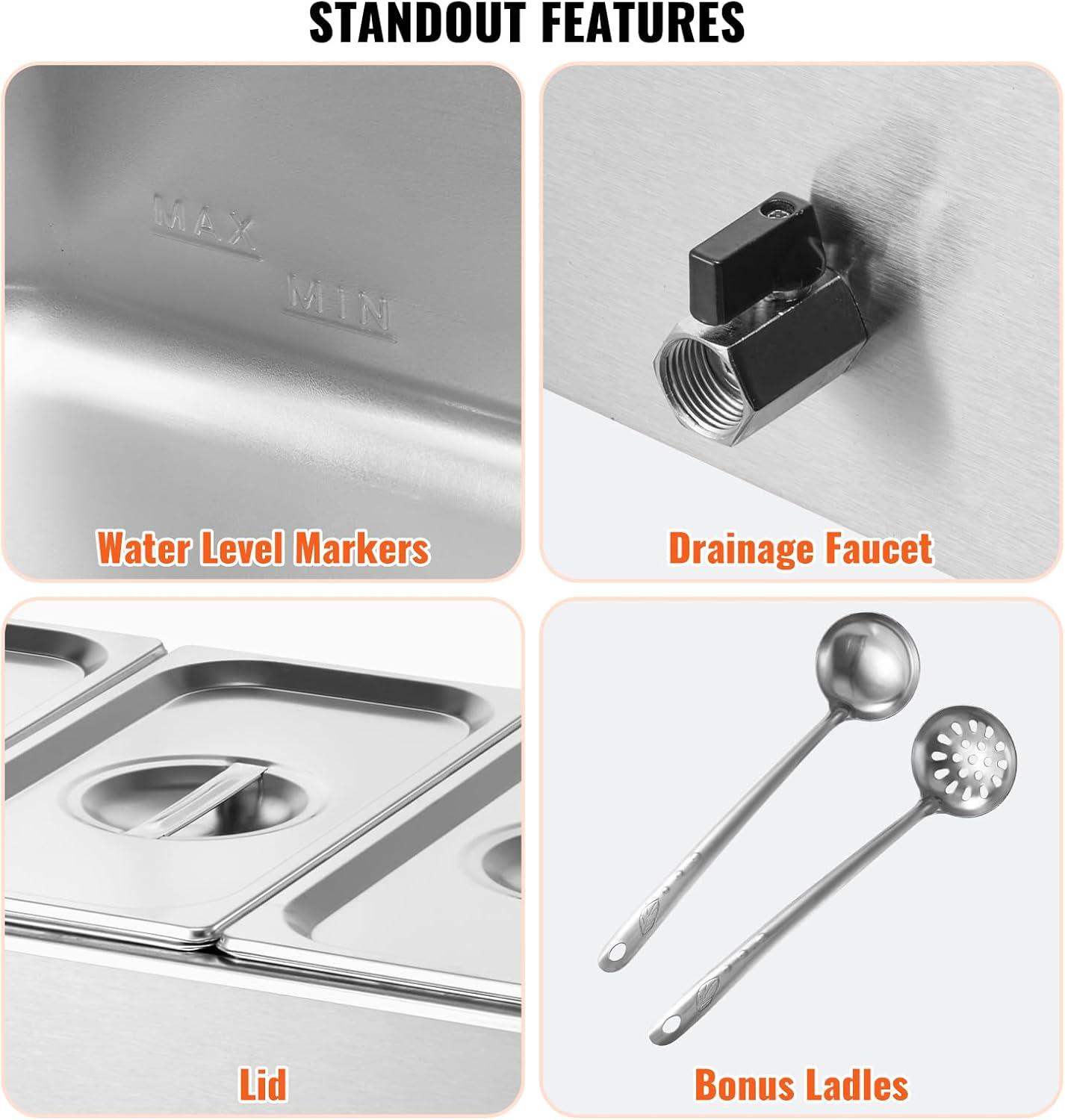 3-Pan Commercial Food Warmer, 17.4QT. Electric Steam Table, 1200W Professional Countertop Stainless Steel Buffet